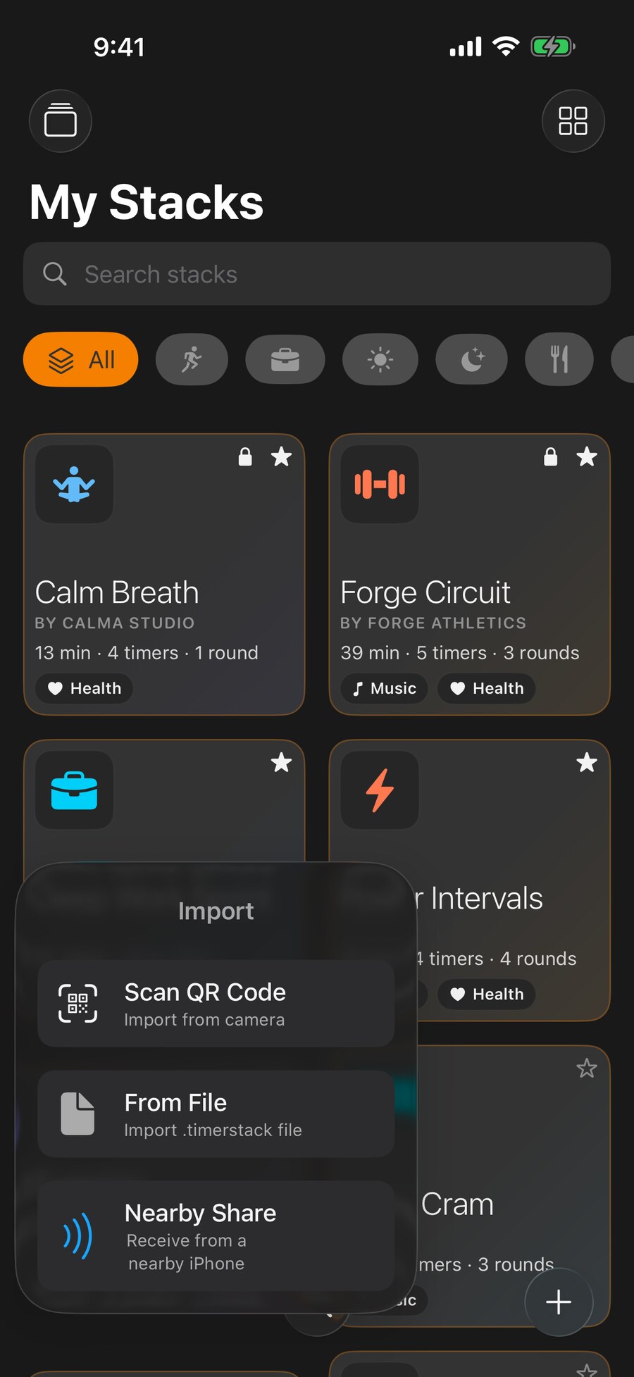 The import screen in Timer Stack, showing where a routine came from before it is added